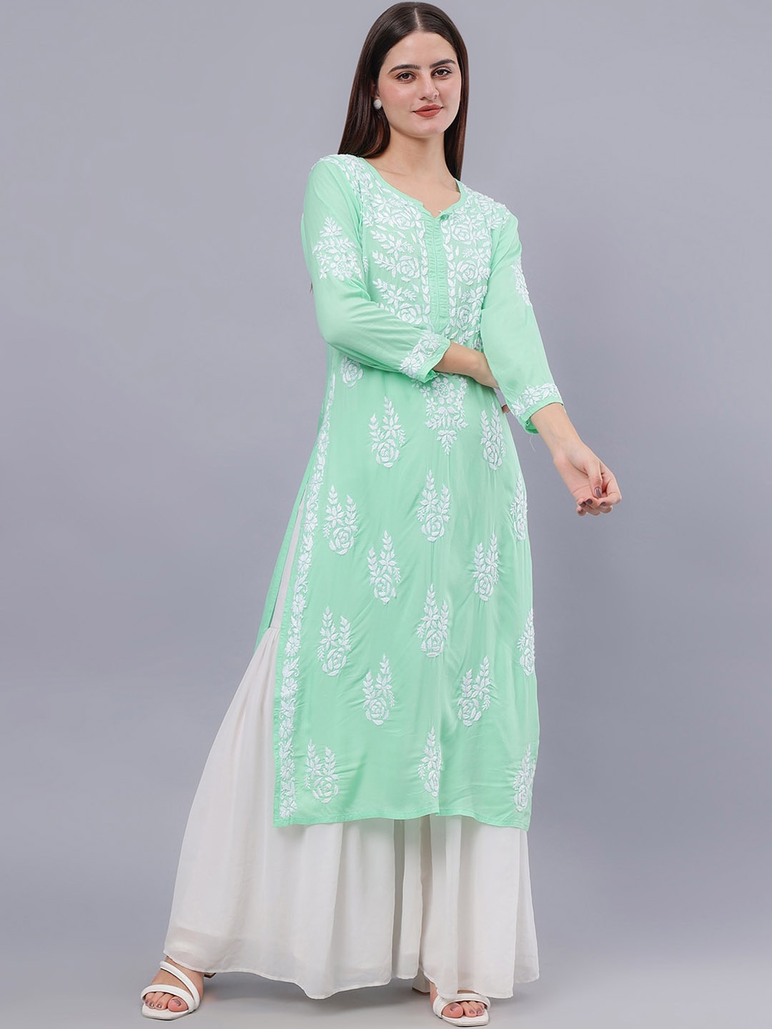 

Seva Chikan Ethnic Motifs Printed Thread Work Kurta, Sea green