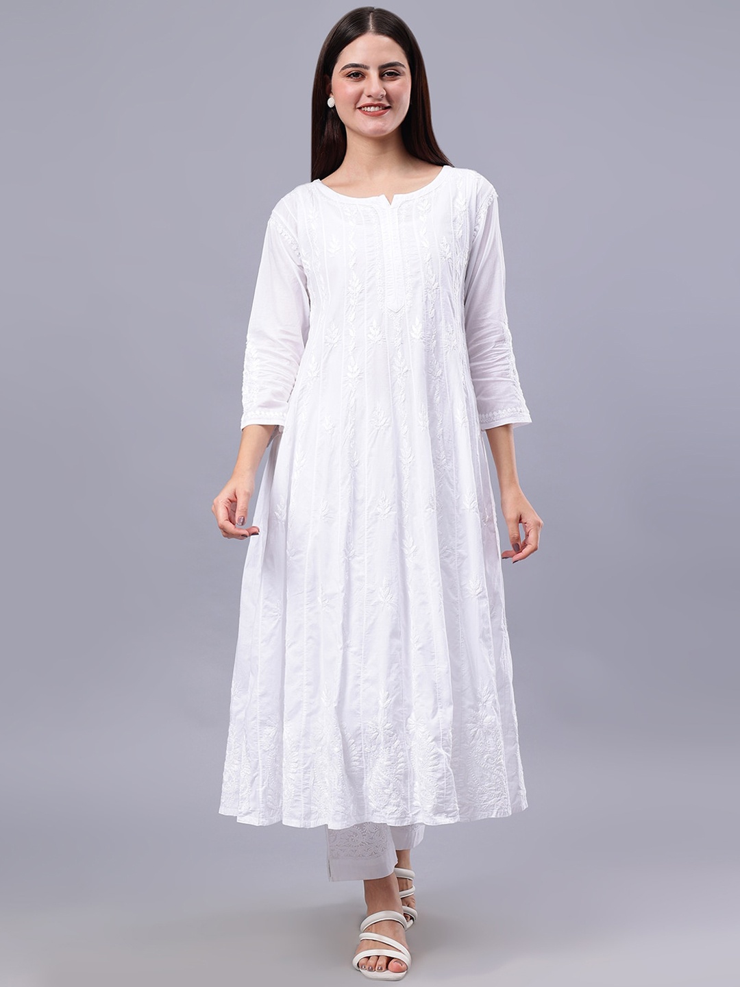 

Seva Chikan Floral Embroidered Chikankari White Romance Cotton Anarkali Kurta