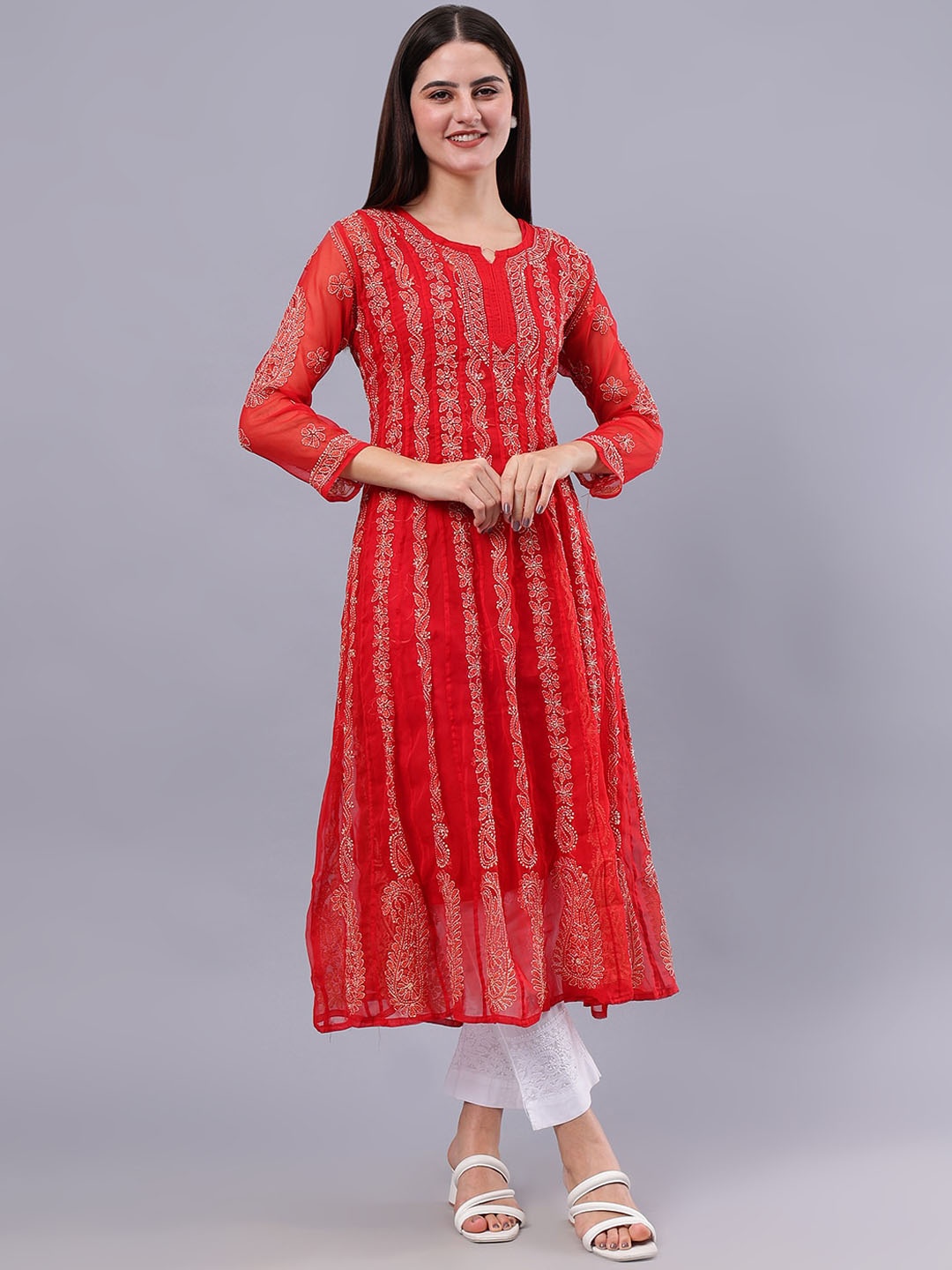 

Seva Chikan Ethnic Motifs Embroidered Thread Work Anarkali Georgette Kurta, Red