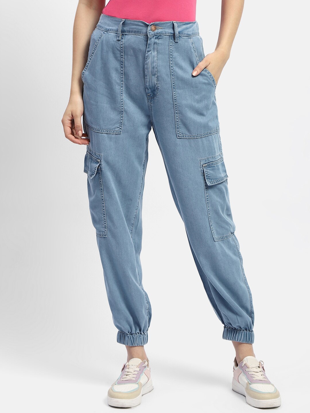 

Madame Women Mid Rise Cotton Joggers, Blue
