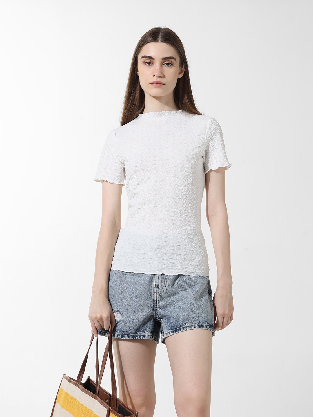 

ONLY Self Design High Neck Top, White