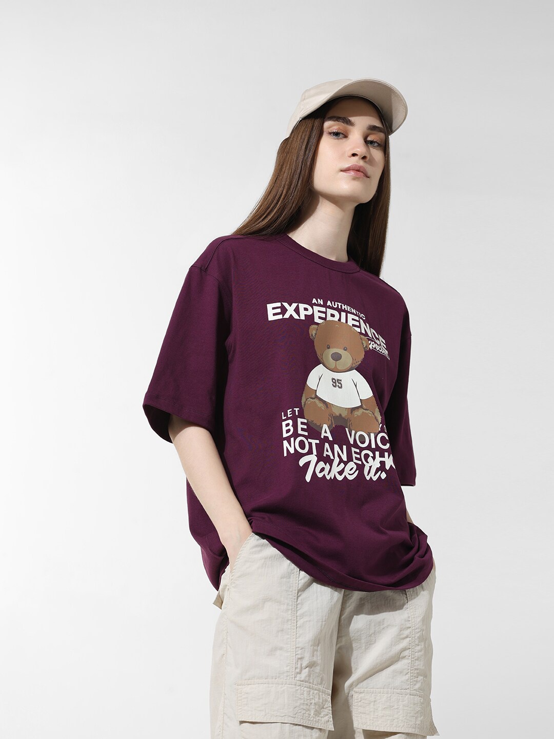 

ONLY Onltres Typography Printed Drop-Shoulder Sleeves Pure Cotton T-shirt, Maroon