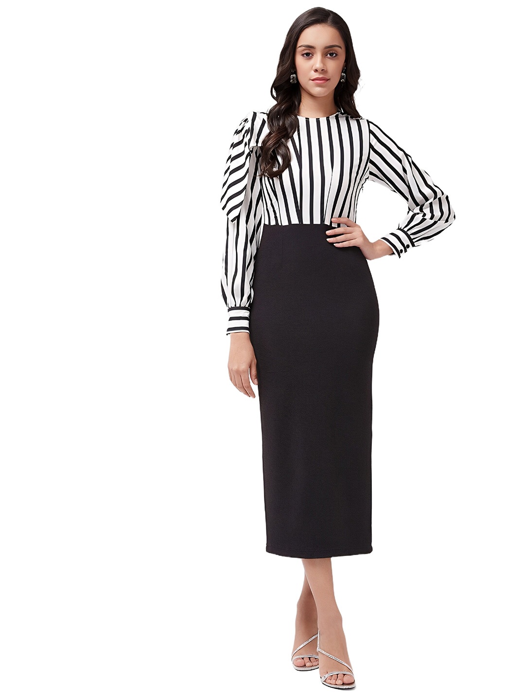 

N N ENTERPRISE Striped Round Neck Sheath Midi Dress, Black