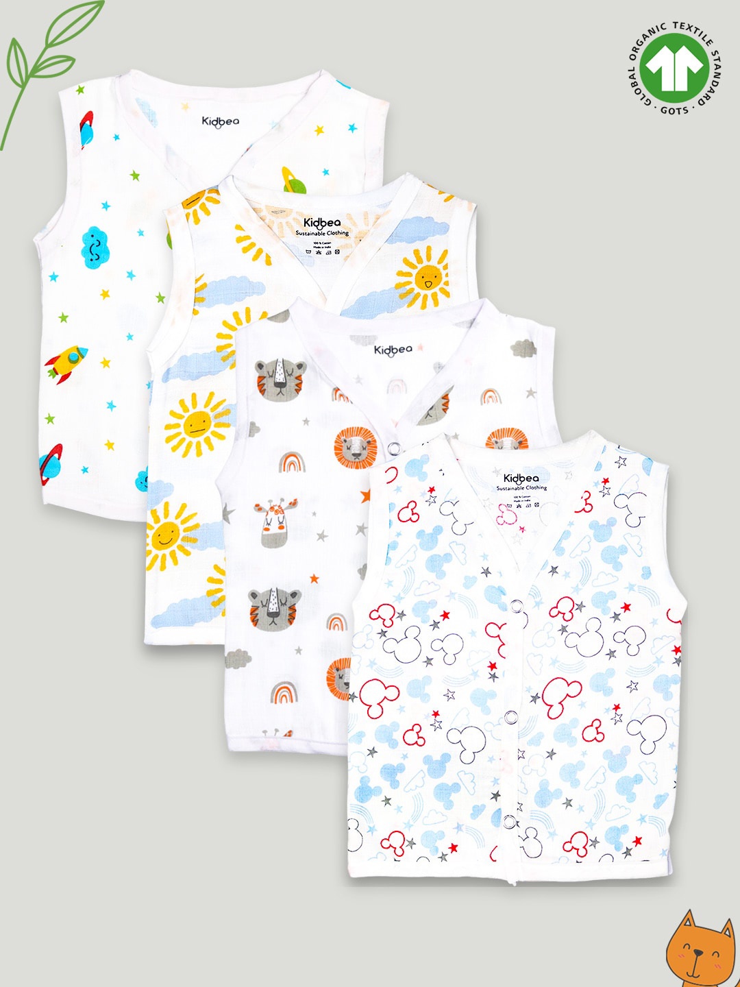 

Kidbea Infants Pack Of 4 Printed Organic Cotton Sleeveless Jhablas, White