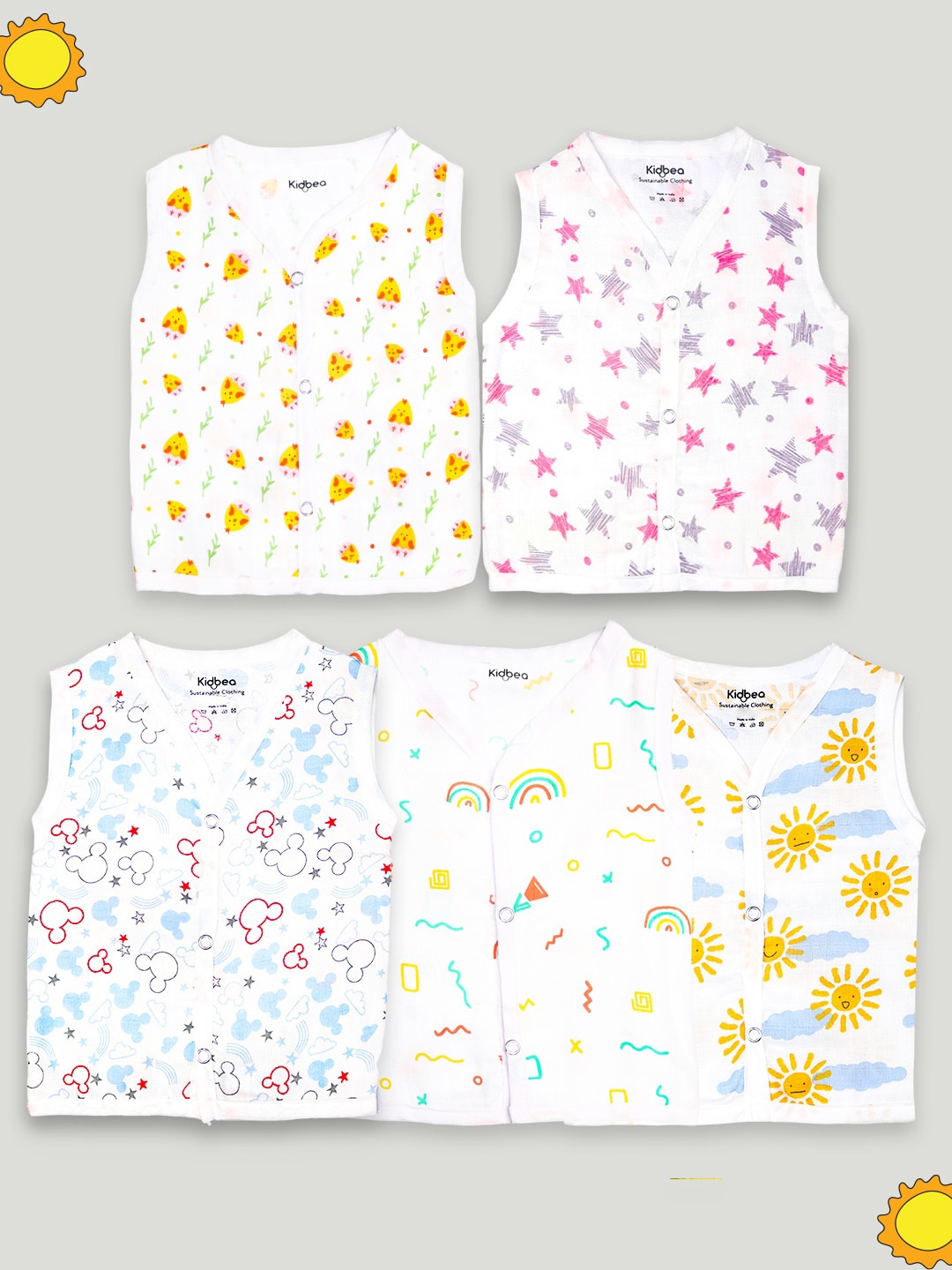 

Kidbea Infants Pack Of 5 Printed Organic Cotton Innerwear Jhablas, Yellow