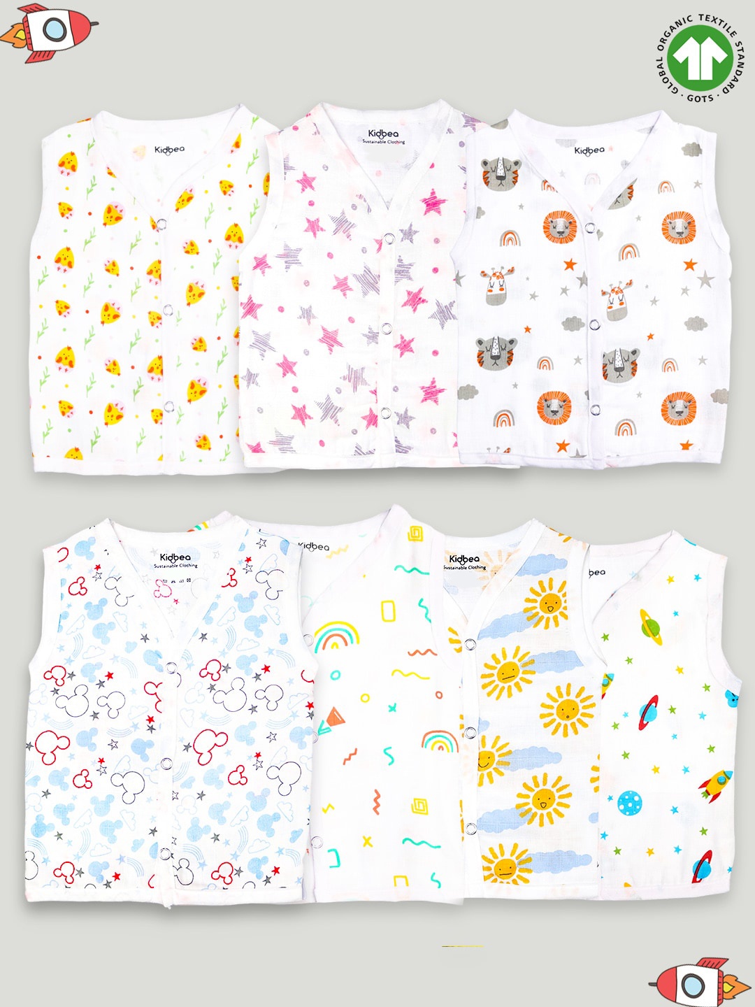 

Kidbea Infants Pack Of 7 Printed Organic Cotton Jhabla, White