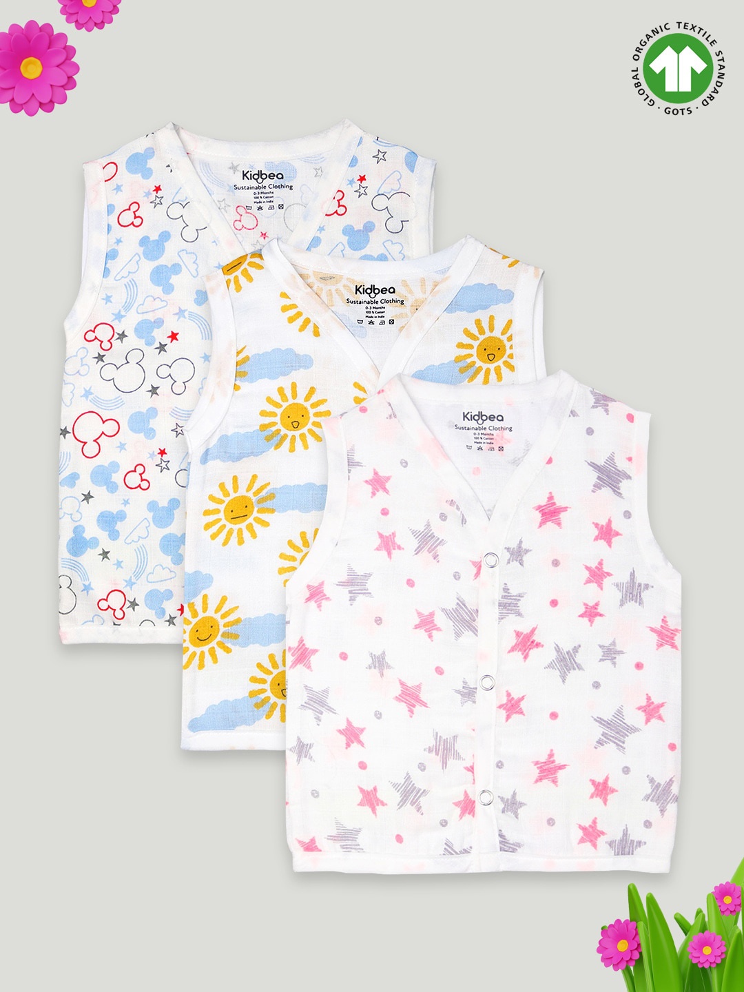

Kidbea Infants Pack Of 3 Printed Organic Cotton Jhablas, White