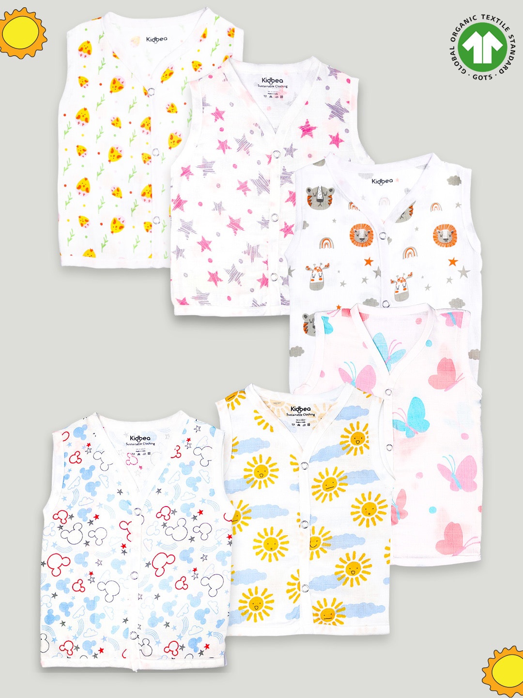 

Kidbea Infants Pack Of 6 Printed Organic Cotton Jhabla, White