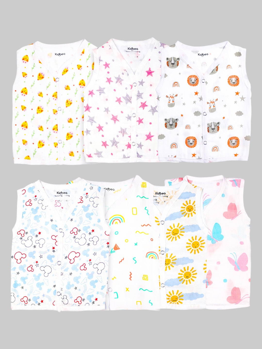 

Kidbea Infants Pack Of 7 Printed Organic Cotton Sleeveless Jhabla JH_CC_ST_TI_BU_SU_MI_RA, White