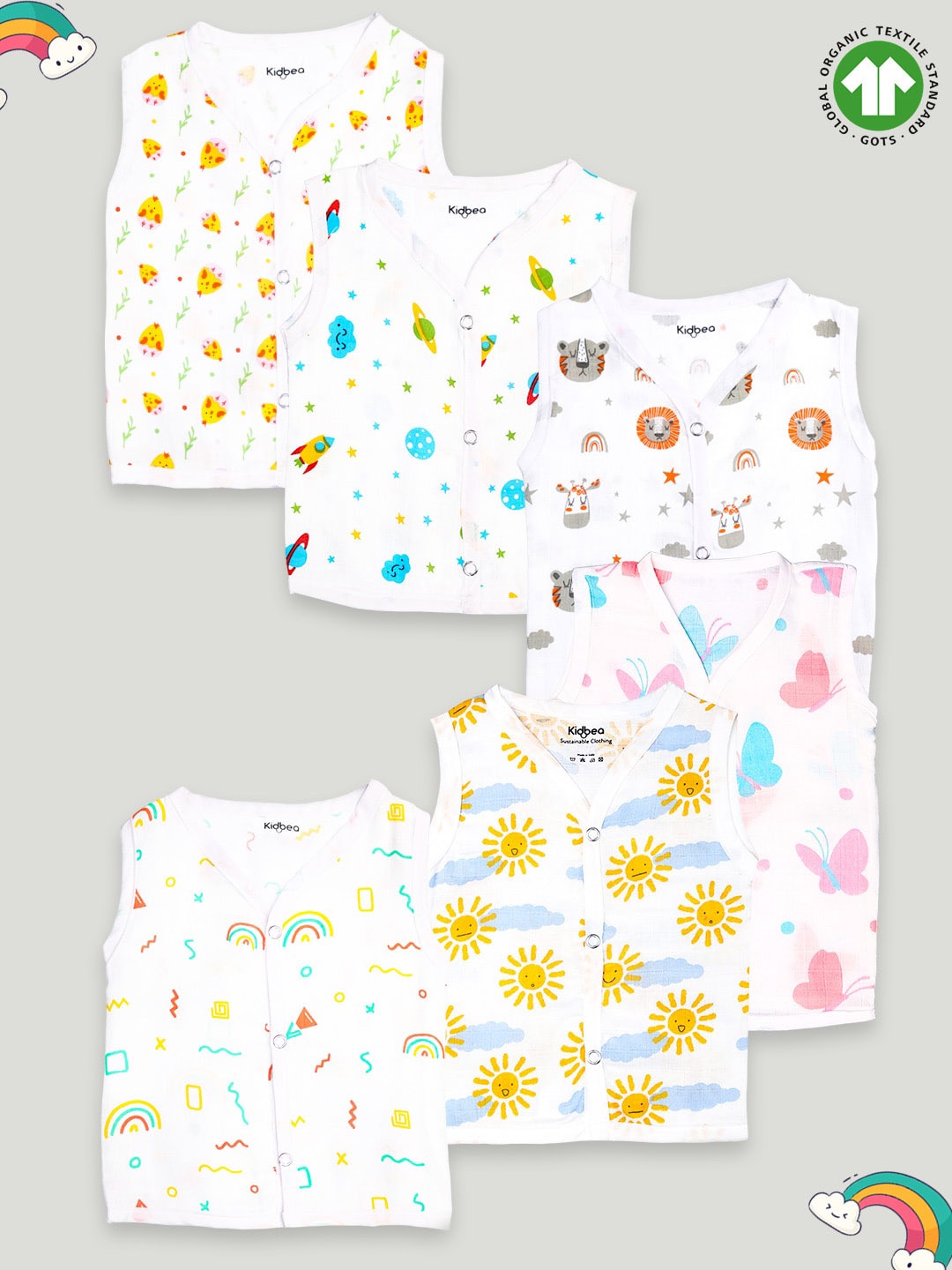 

Kidbea Infants Pack Of 6 Printed Organic Cotton Jhablas, White
