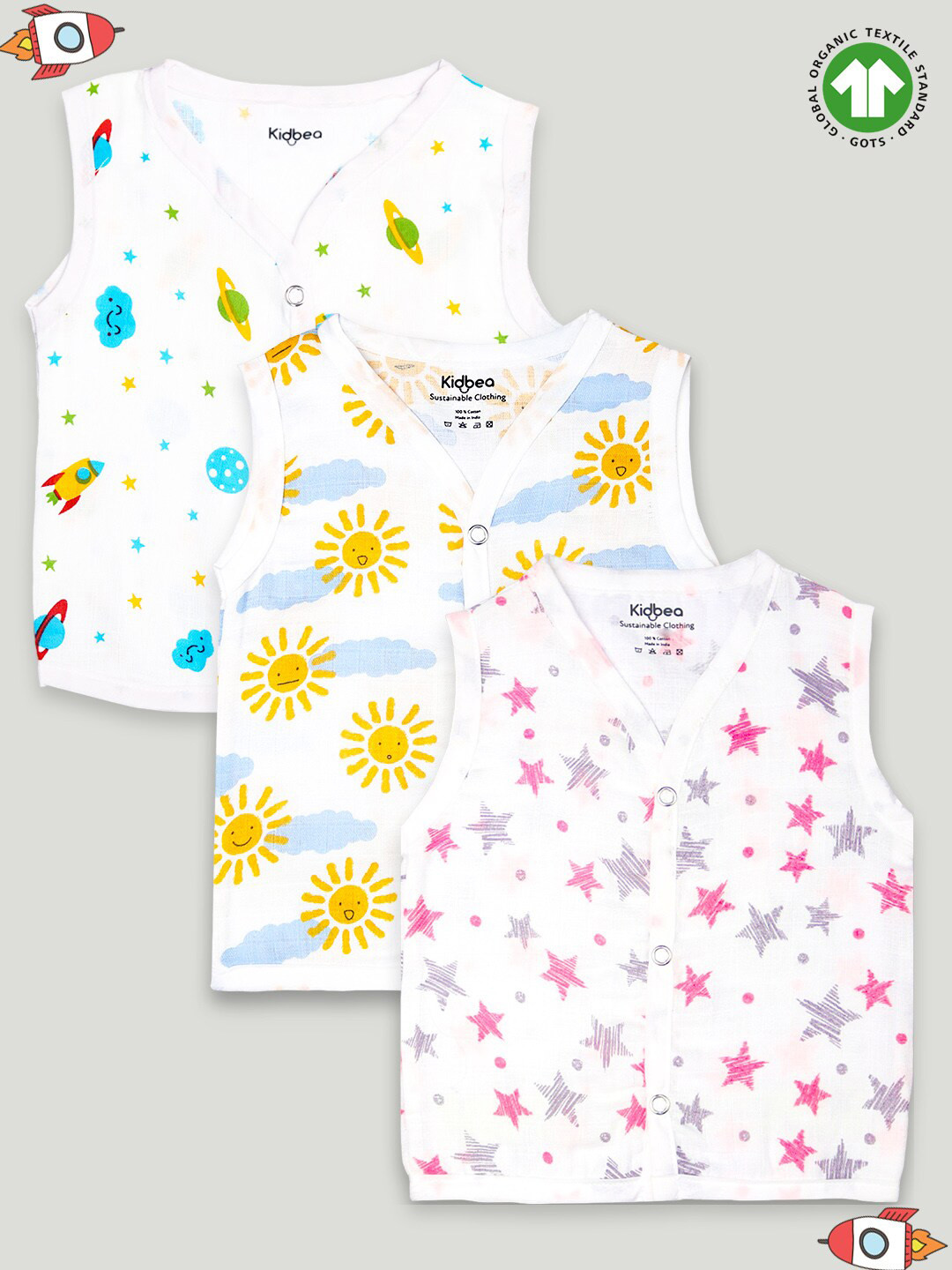 

Kidbea Infants Pack Of 3 Printed Organic Cotton Jhabla, White
