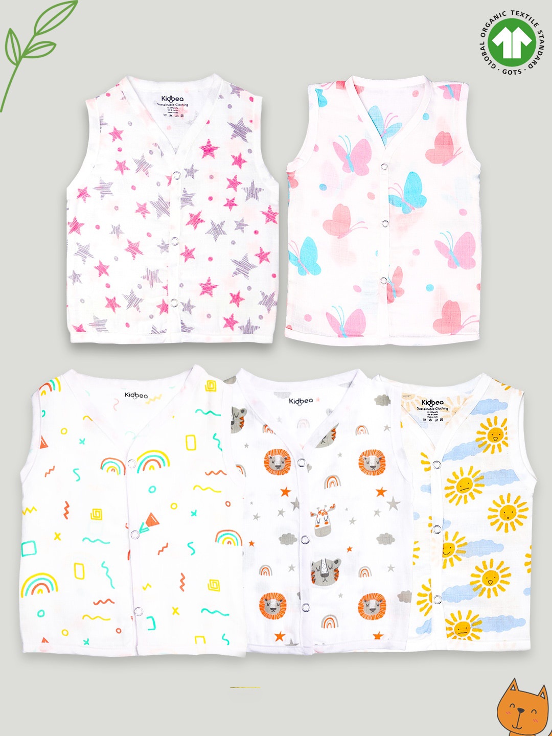 

Kidbea Infants Pack Of 5 Printed Organic Cotton Jhablas, White
