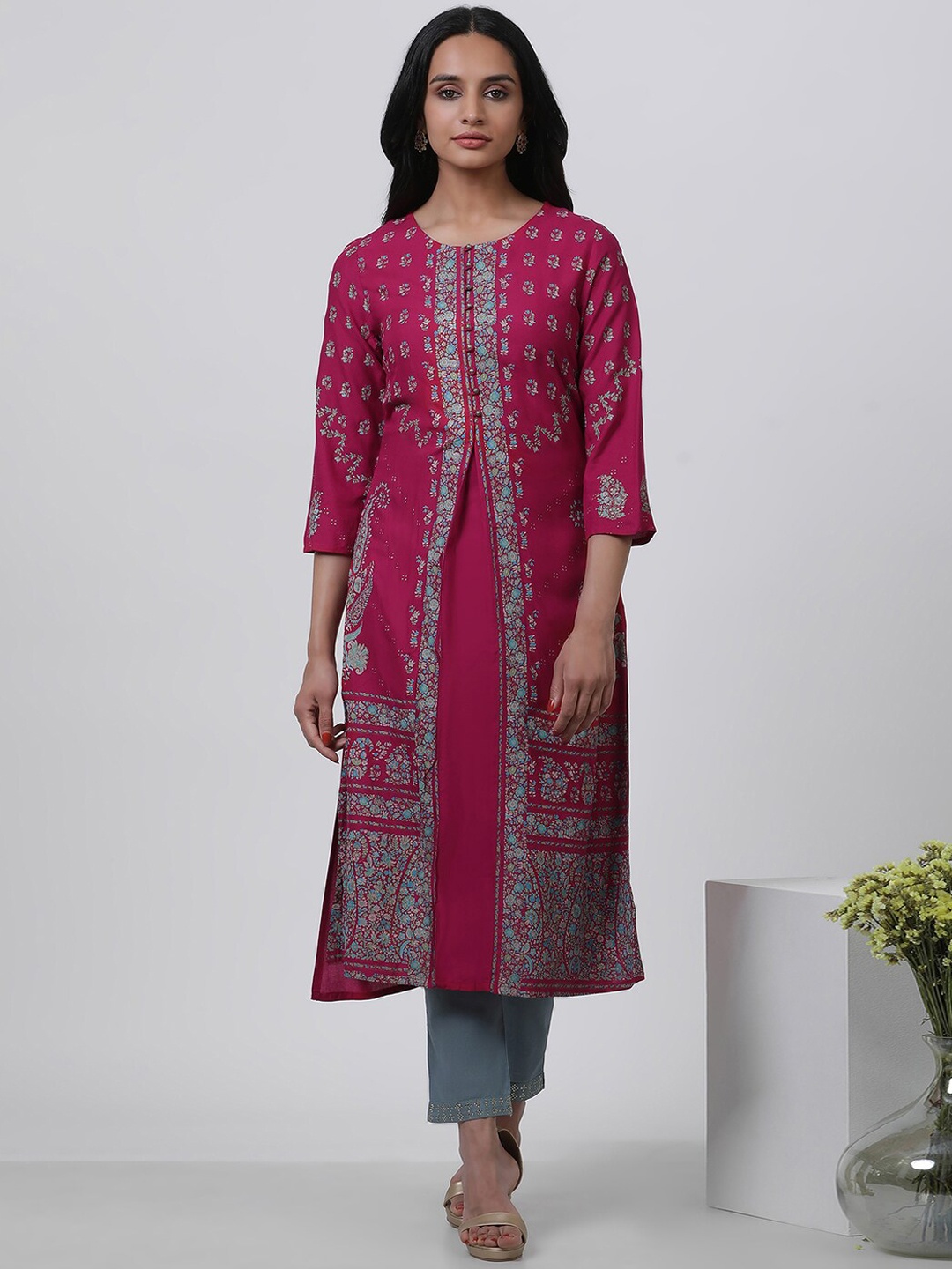 

W Pink Ethnic Motifs Printed A-Line Kurta With Trousers