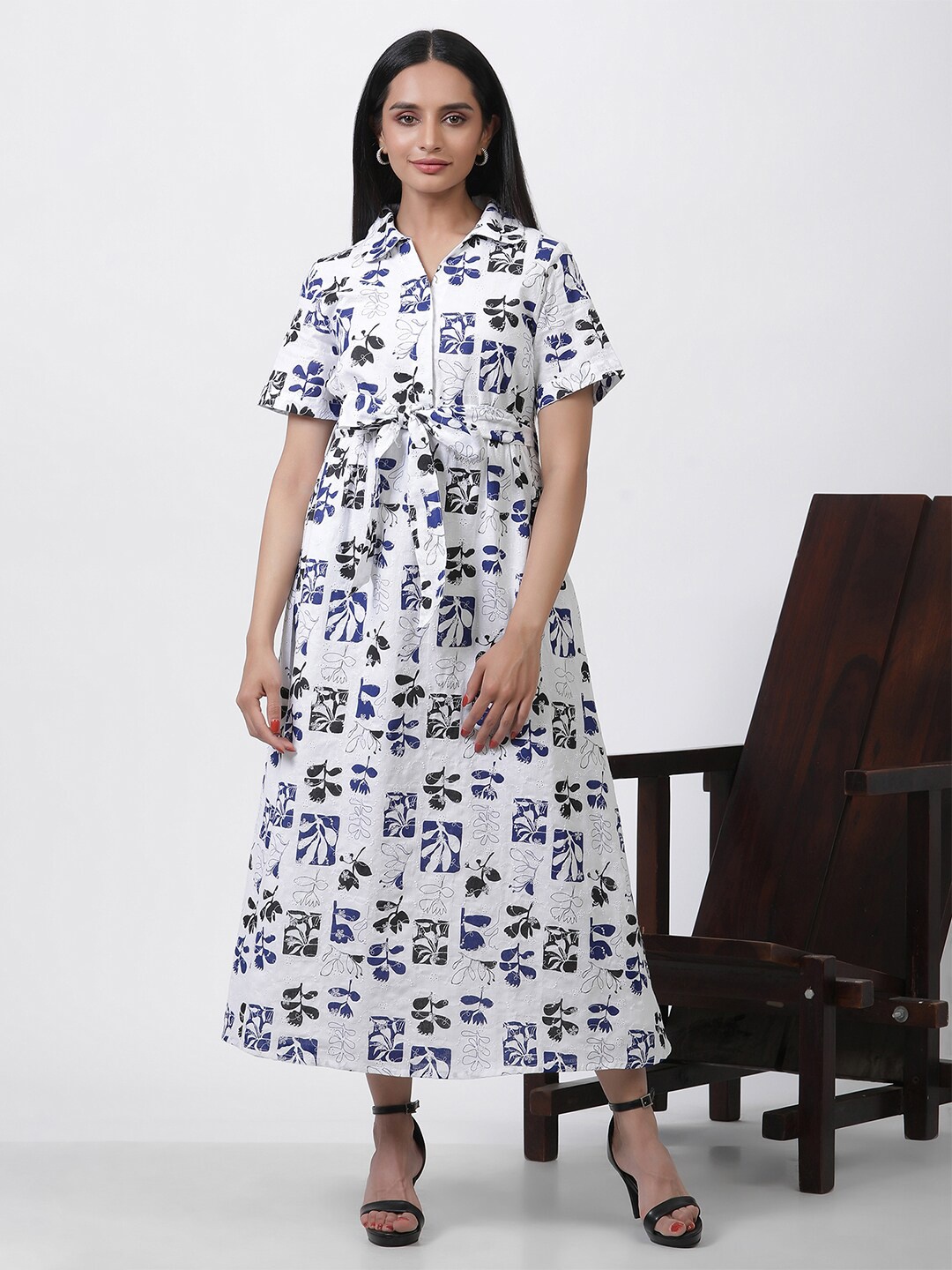 

W Floral Printed Shirt Collar Short Sleeves Maxi Shirt Dress, White