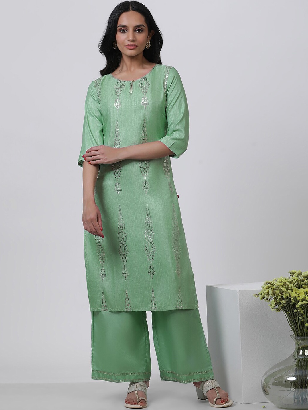 

W Printed Regular Sequinned Kurta with Trouser, Green