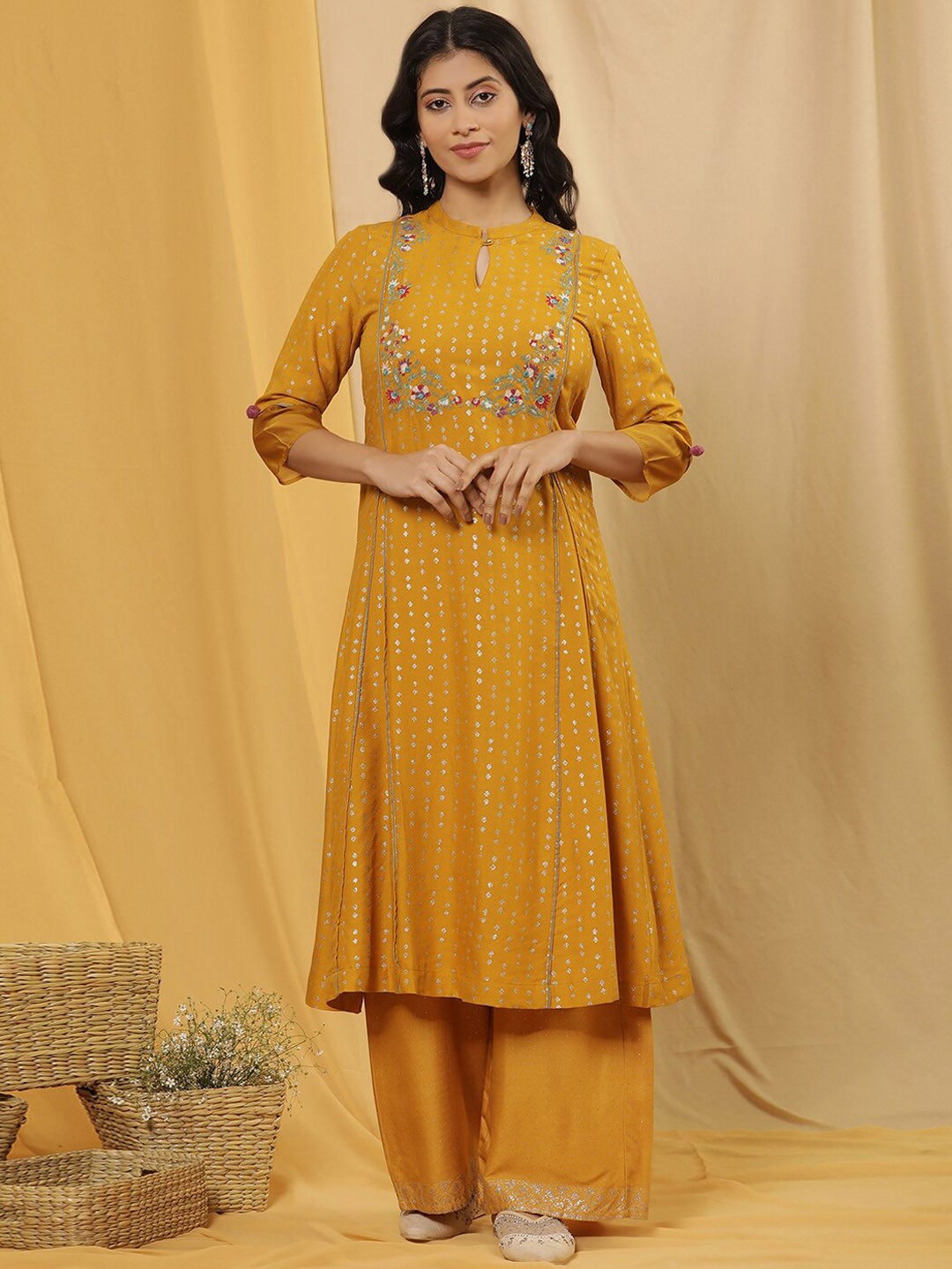 

W Floral Printed Regular Thread Work Kurta with Palazzo, Yellow