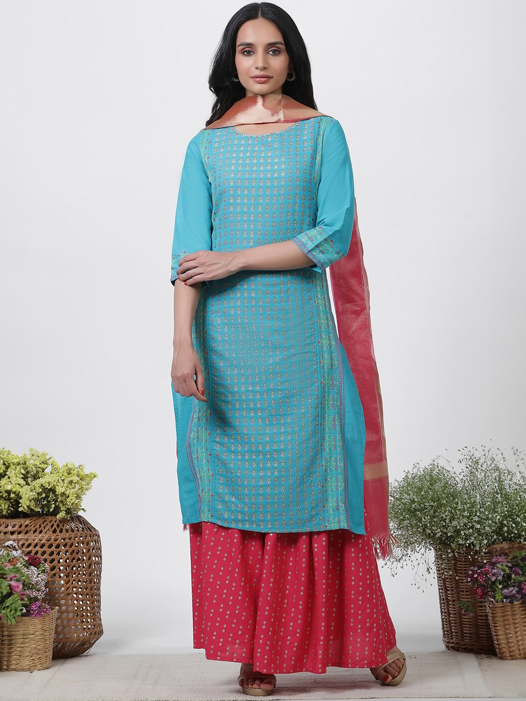 

W Ethnic Motifs Regular Sequinned Kurta with Sharara & Dupatta, Blue