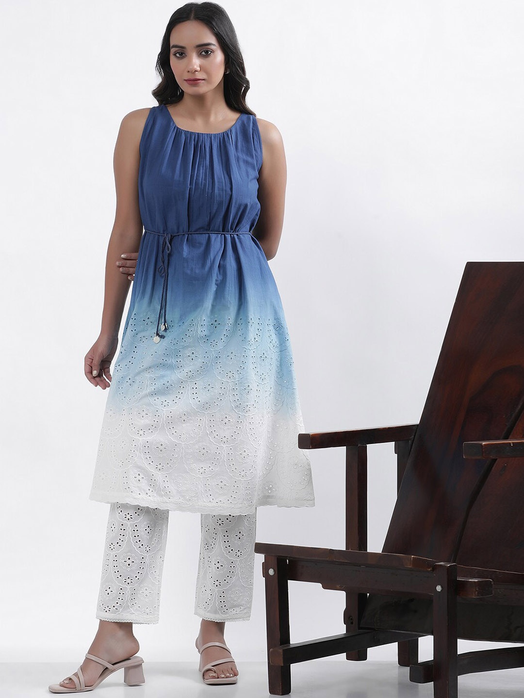 

W Ombre Dyed Schiffli Pure Cotton A-Line Kurta with Trousers, Blue
