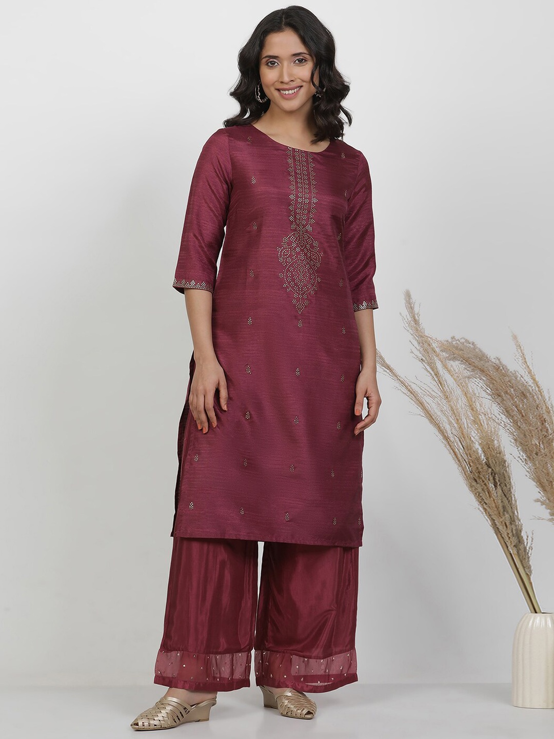 

W Floral Printed Regular Beads and Stones Kurta with Palazzo, Purple