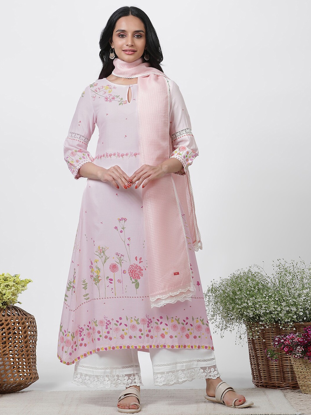 

W Floral Printed Keyhole Neck A-Line Kurta & Palazzos With Dupatta, Pink