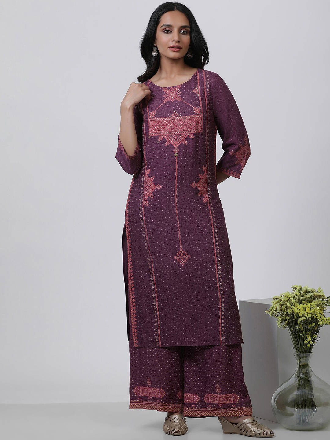 

W Printed Regular Sequinned Kurta With Palazzos, Purple
