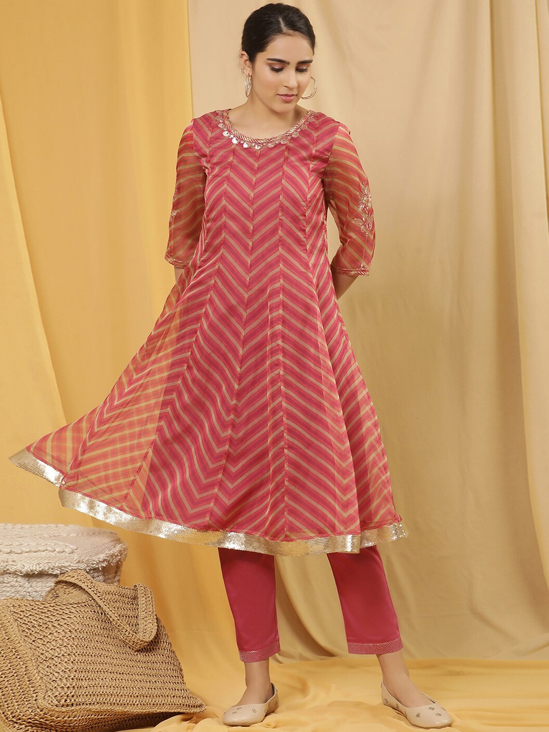 

W Striped Regular Sequinned Kurta with Trouser, Pink