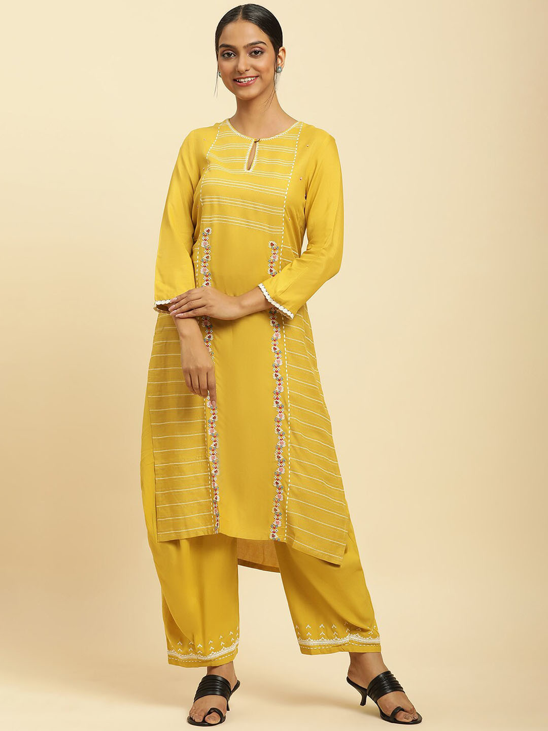 

W Floral Embroidered Regular Kurta with Palazzo, Yellow