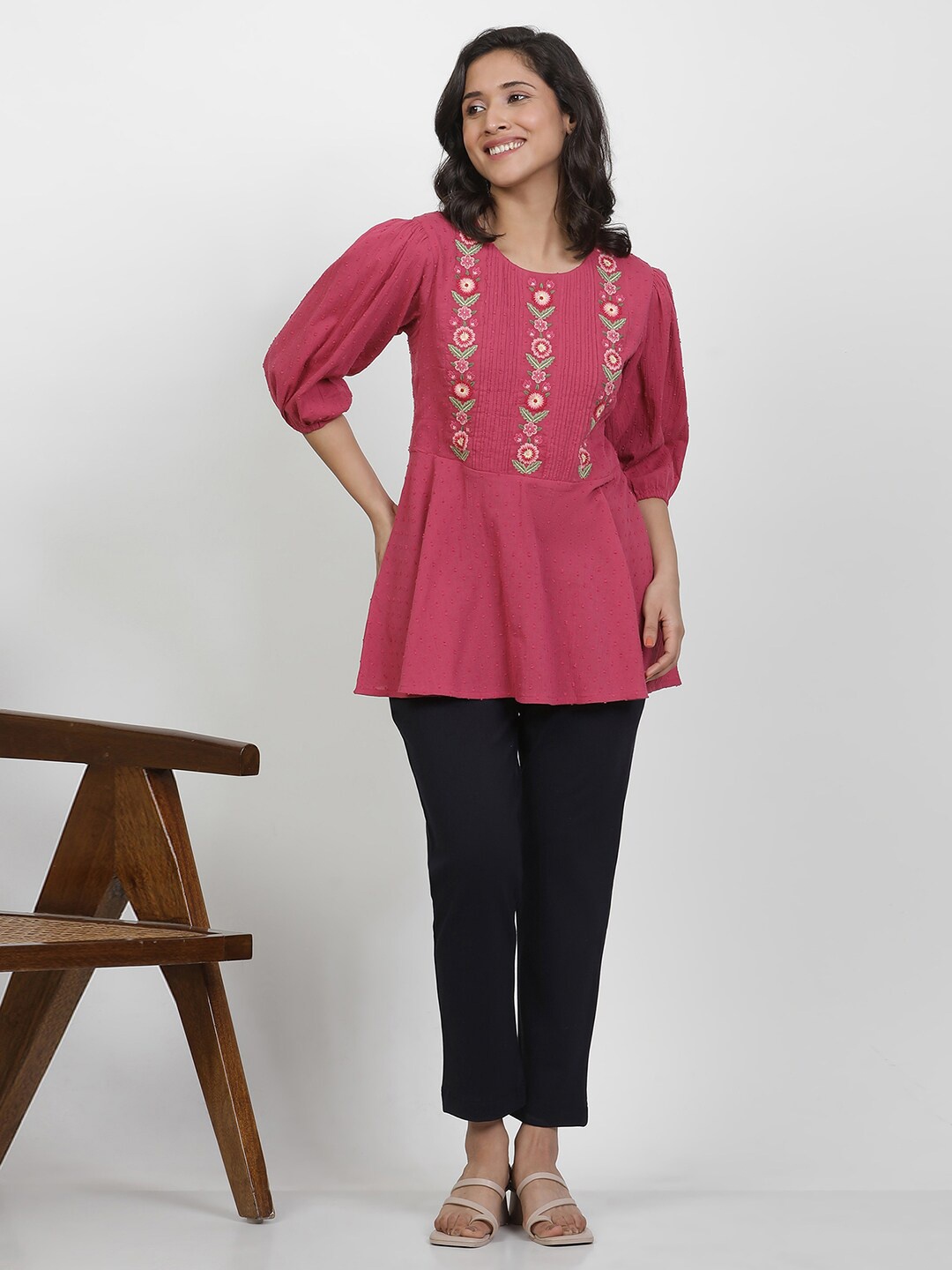 

W Floral Embroidered Puffed Sleeves Pure Cotton Longline A-Line Top, Pink