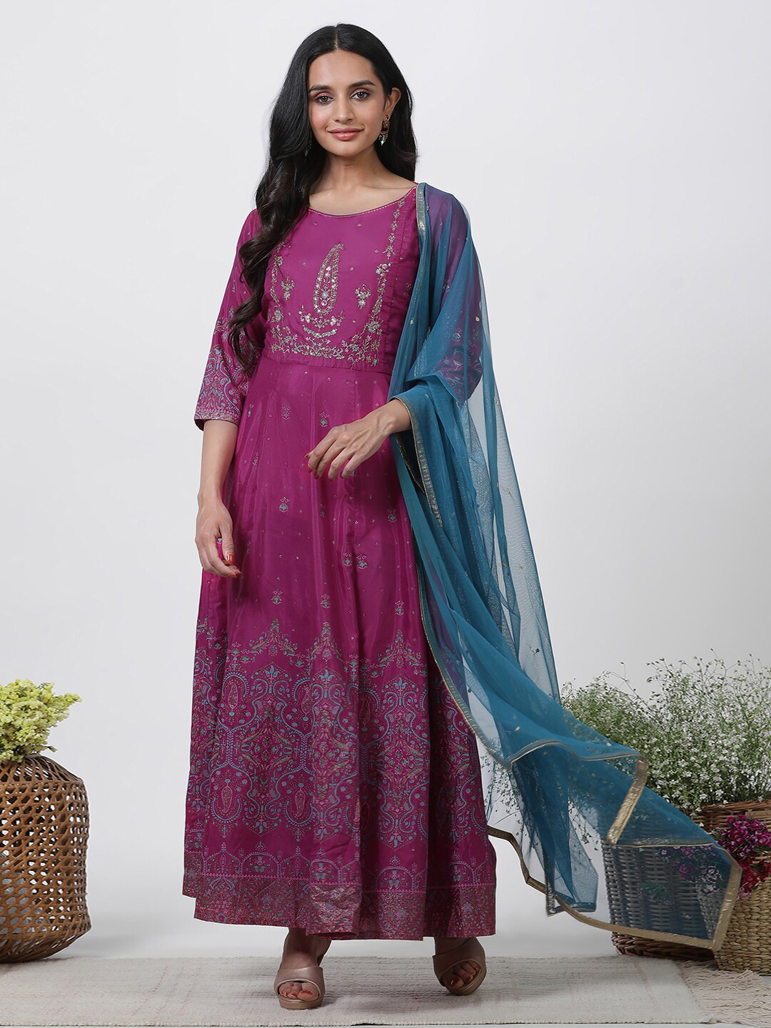 

W Ethnic Motifs Printed Round Neck Maxi Dress With Dupatta, Purple
