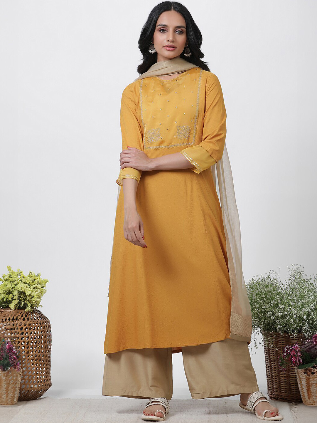 

W Ethnic Motifs Printed Regular Thread Work Kurta with Palazzo & Dupatta, Yellow