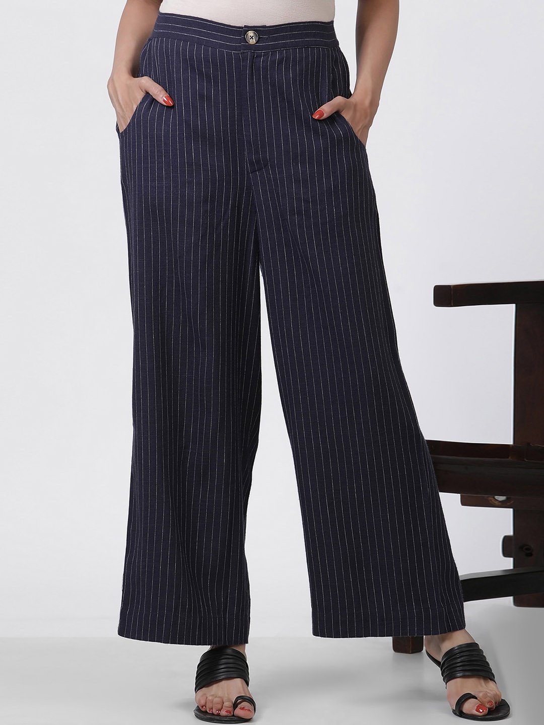

W Women Striped High-Rise Straight Fit Parallel Trouser, Blue