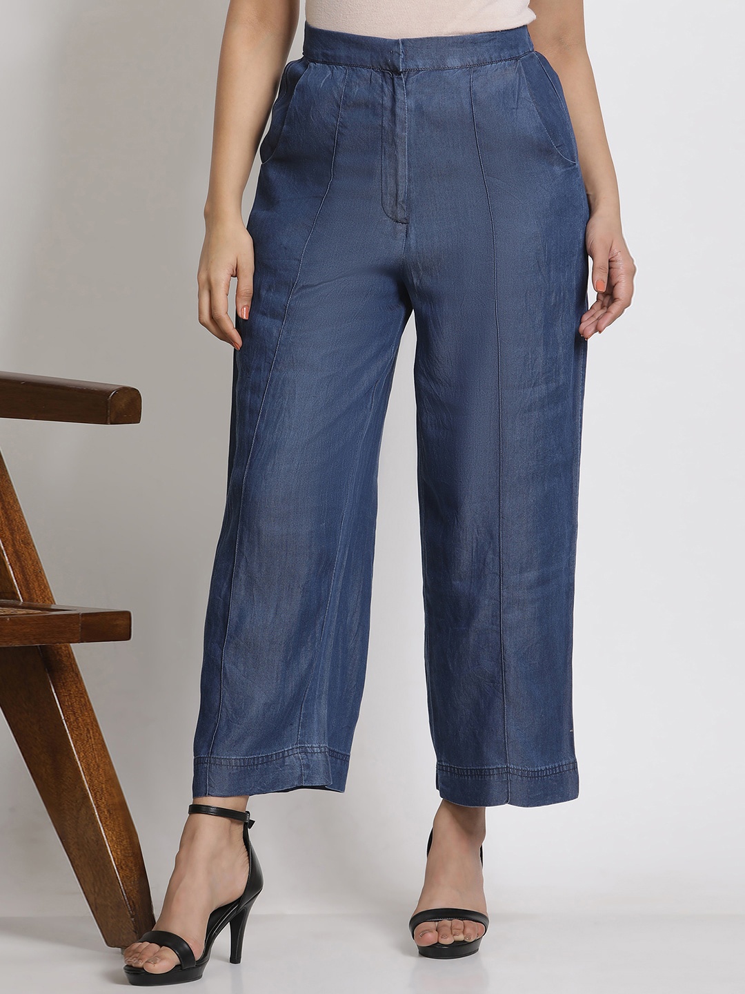 

W Women Straight Fit Mid-Rise Pleated Culottes Trousers, Blue