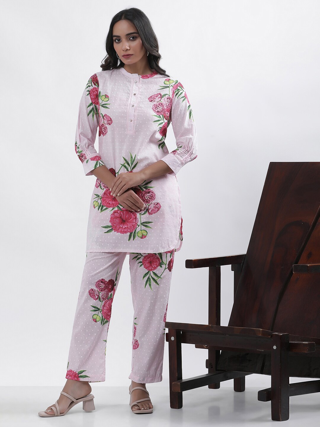 

W Floral Printed Pure Cotton Top with Trousers, Pink