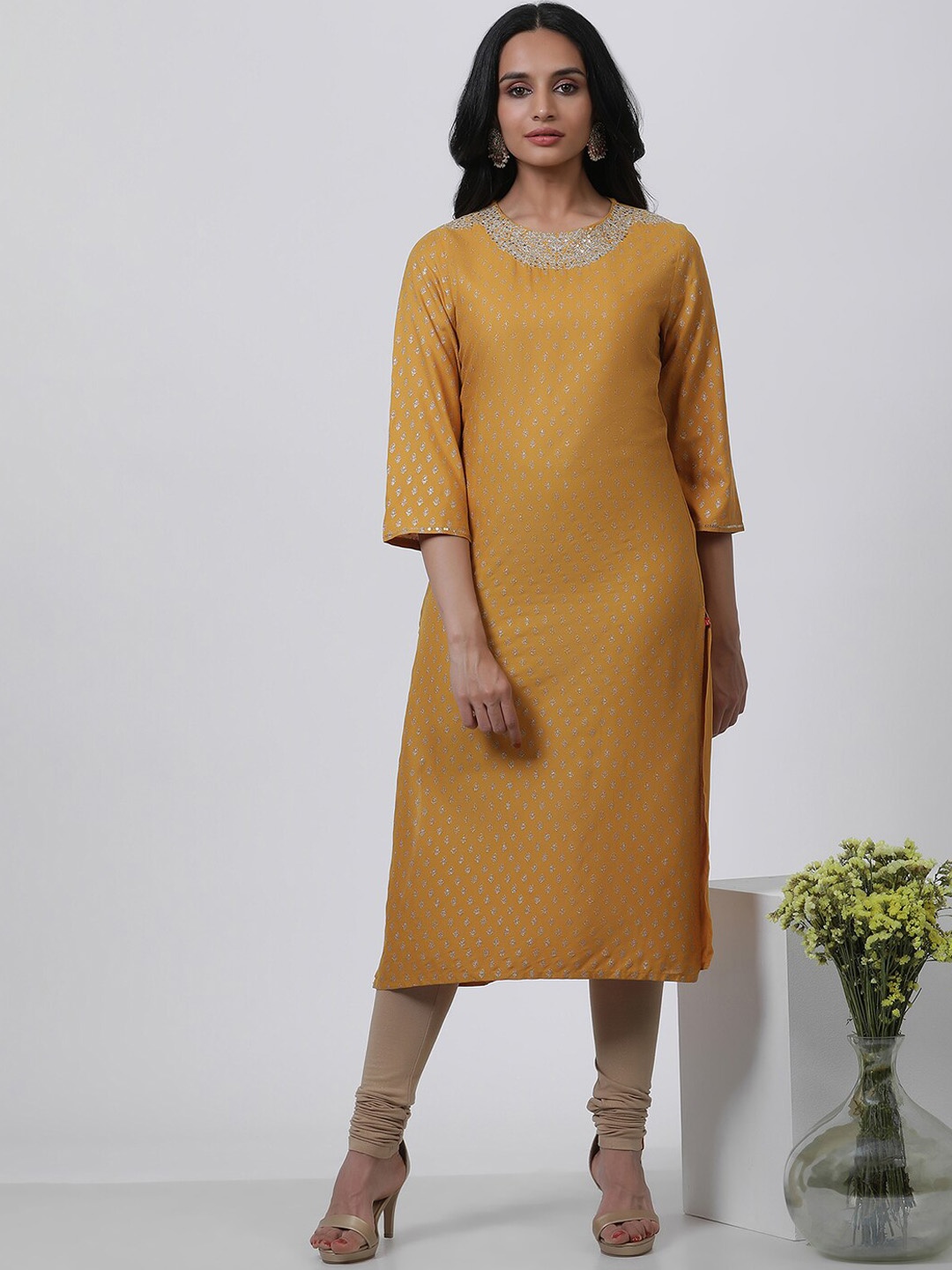 

W Floral Printed Regular Sequinned Kurta with Churidar, Yellow