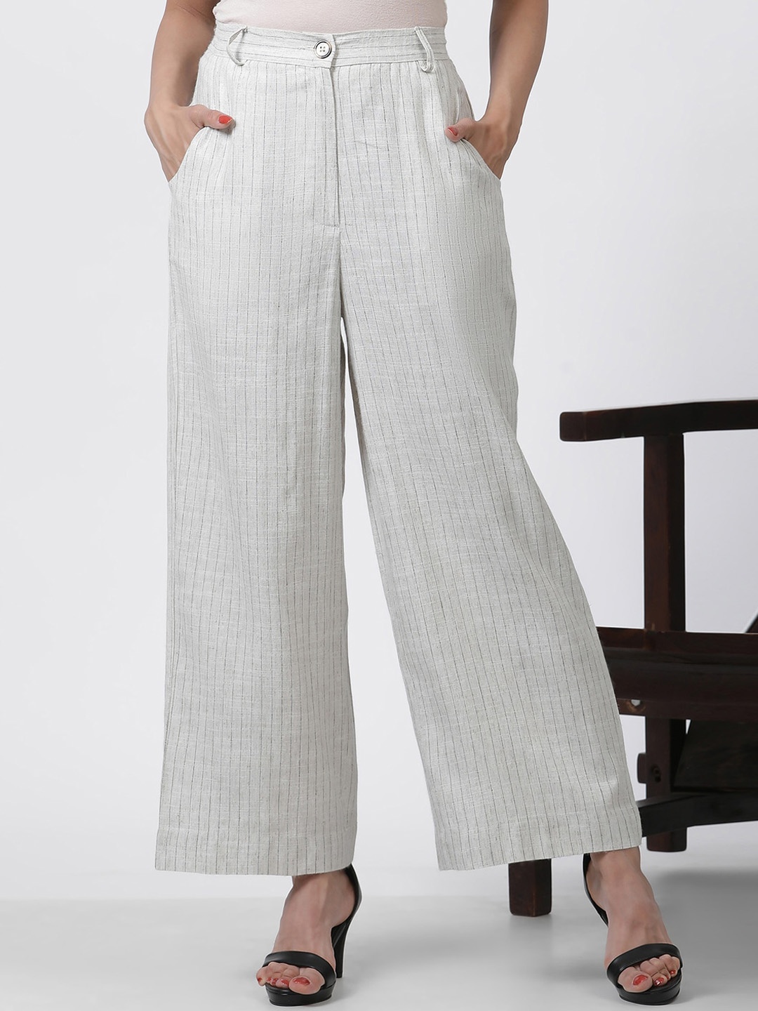 

W Women Striped Mid-Rise Straight Fit Parallel Trouser, Beige