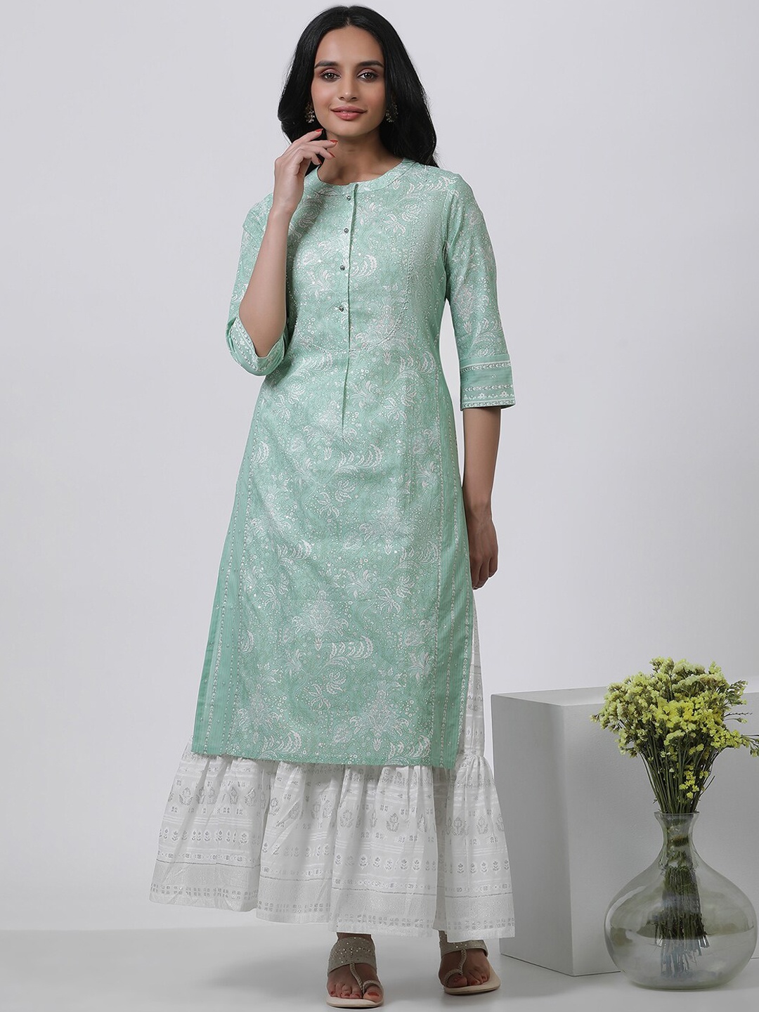 

W Floral Printed Mandarin Collar Pure Cotton Straight Kurta with Skirt, Green