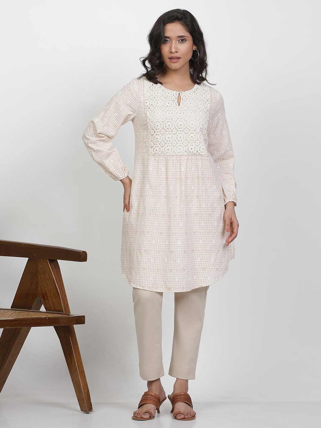 

W Checked Printed Yoke Design A-LineKurti, Beige