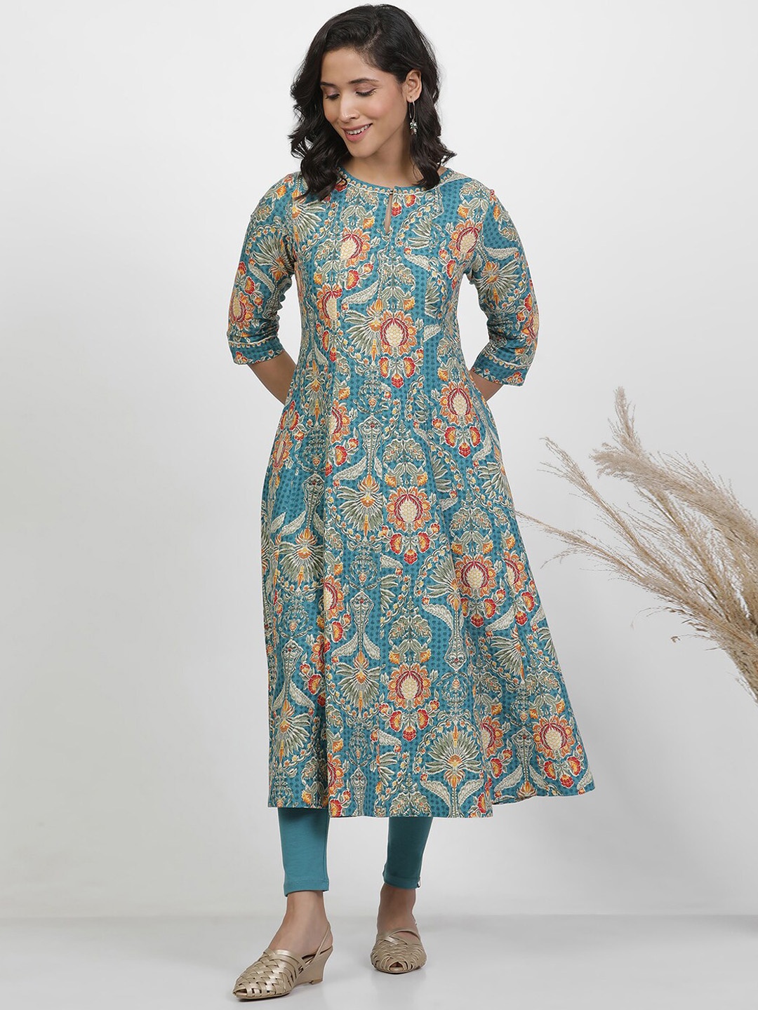 

W Floral Printed Keyhole Neck Pure Cotton A-Line Kurta, Blue