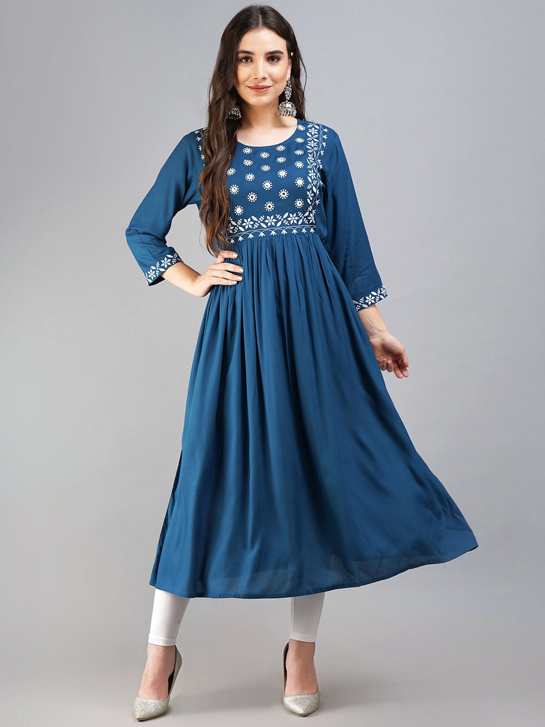 

SHOOLIN Floral Yoke Design Thread & Mirror Work Pleated Anarkali Kurta, Teal