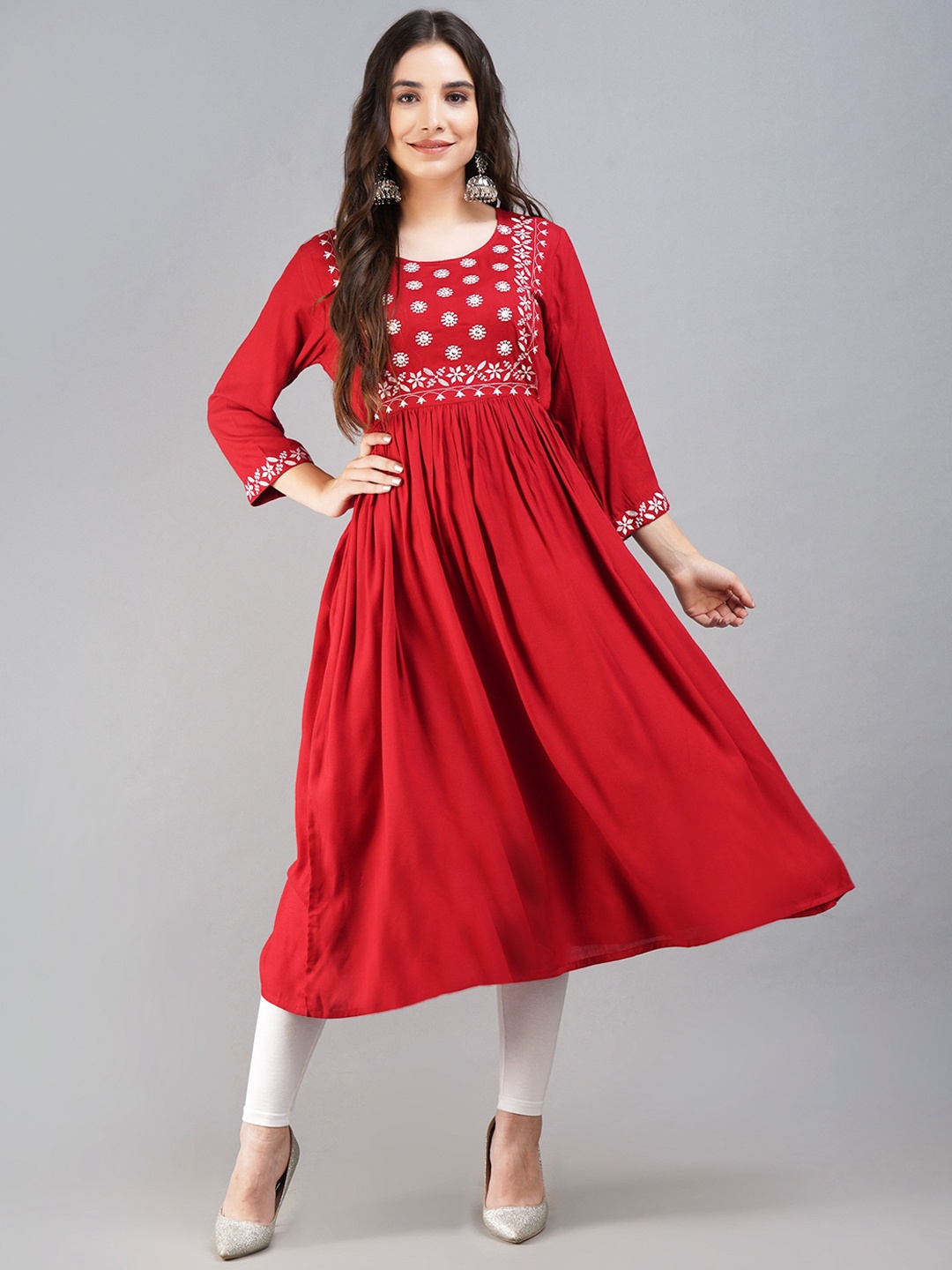 

SHOOLIN Floral Yoke Design Thread & Mirror Work Pleated Anarkali Kurta, Maroon