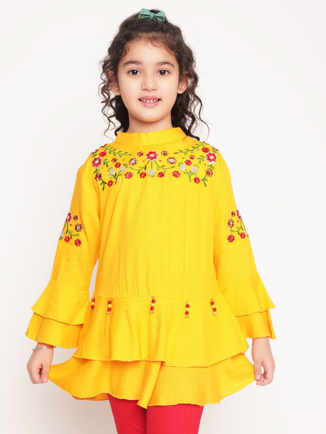

BAESD Girls Floral Embroidered High Neck Bell Sleeve Georgette Top, Yellow