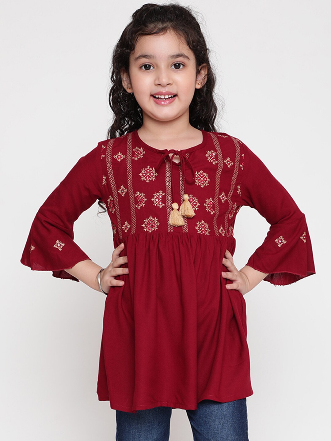 

BAESD Girls Floral Embroidered Tie-Up Neck Bell Sleeve Empire Longline Top, Maroon