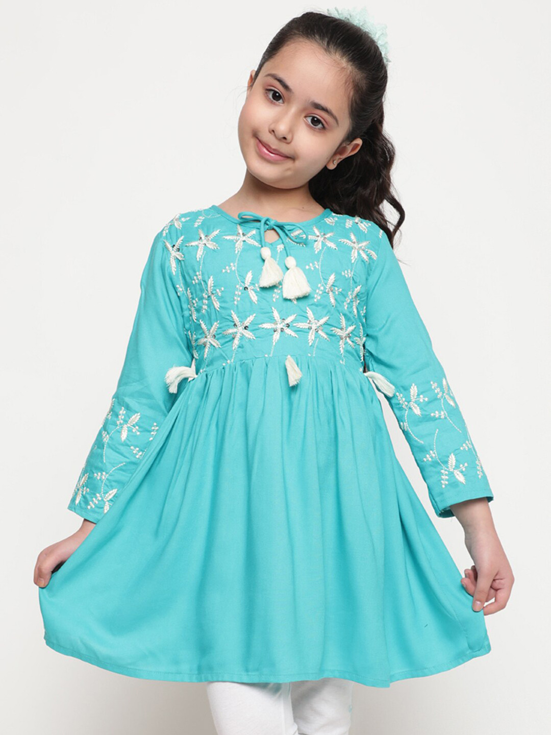 

BAESD Girls Floral Embroidered Tie-Up Neck Georgette Empire Top, Blue