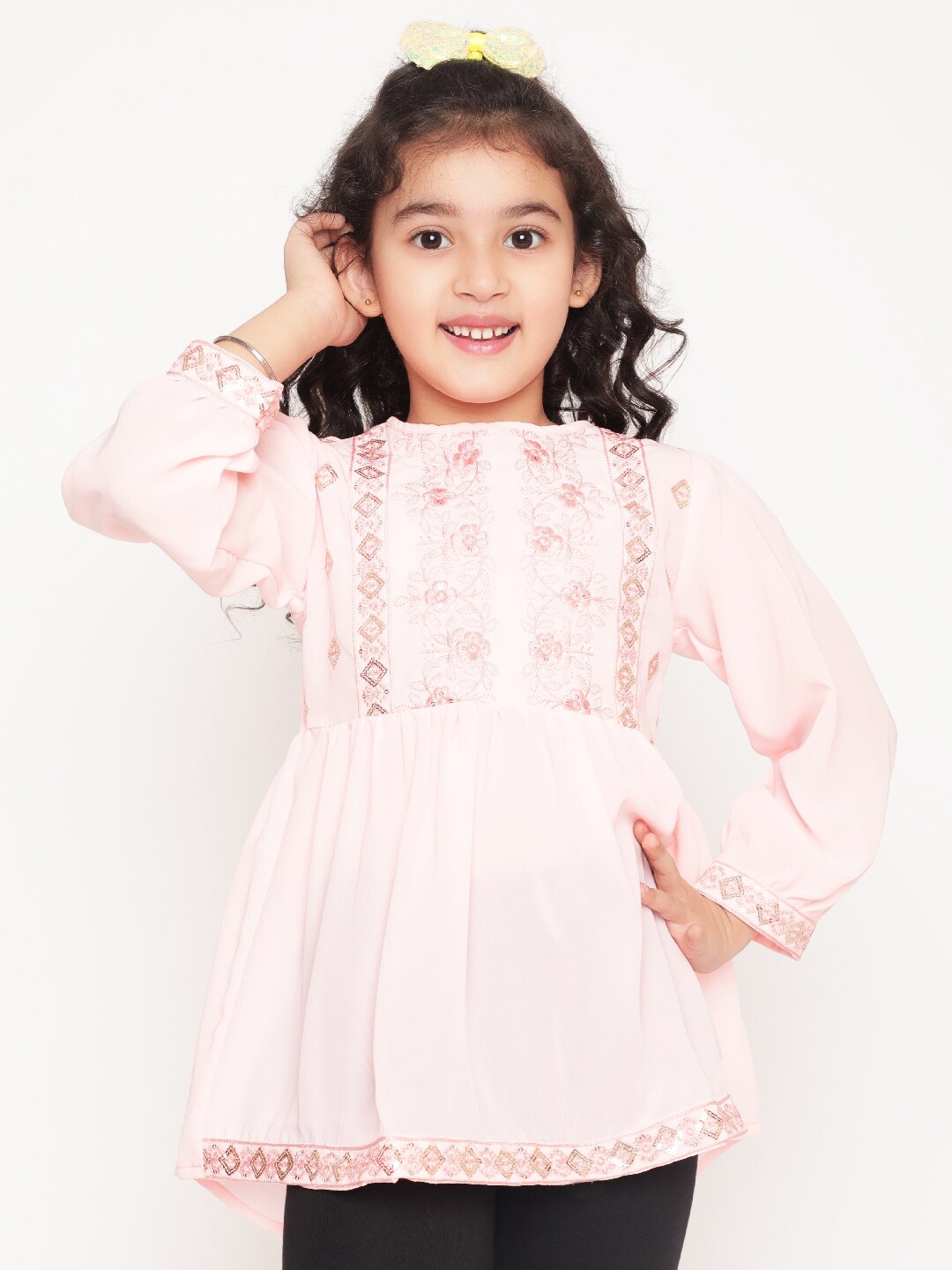 

BAESD Floral Embroidered Sequined Georgette A-Line Top, Pink