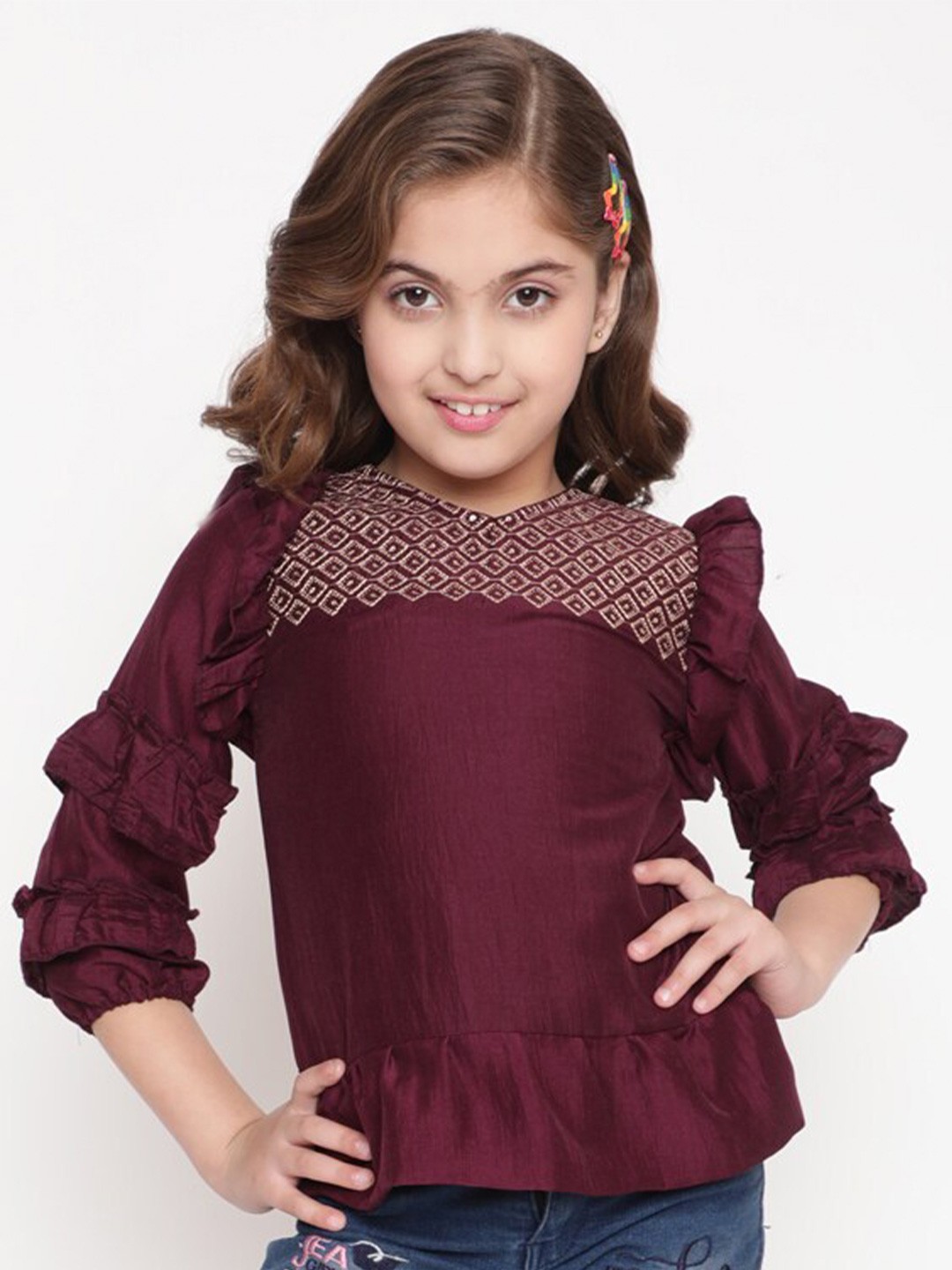 

BAESD Girls Puff Sleeve Georgette Top, Burgundy