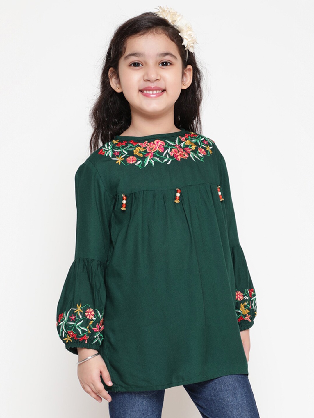 

BAESD Girls Floral Embroidered Puff Sleeve Georgette Longline A-Line Top, Green