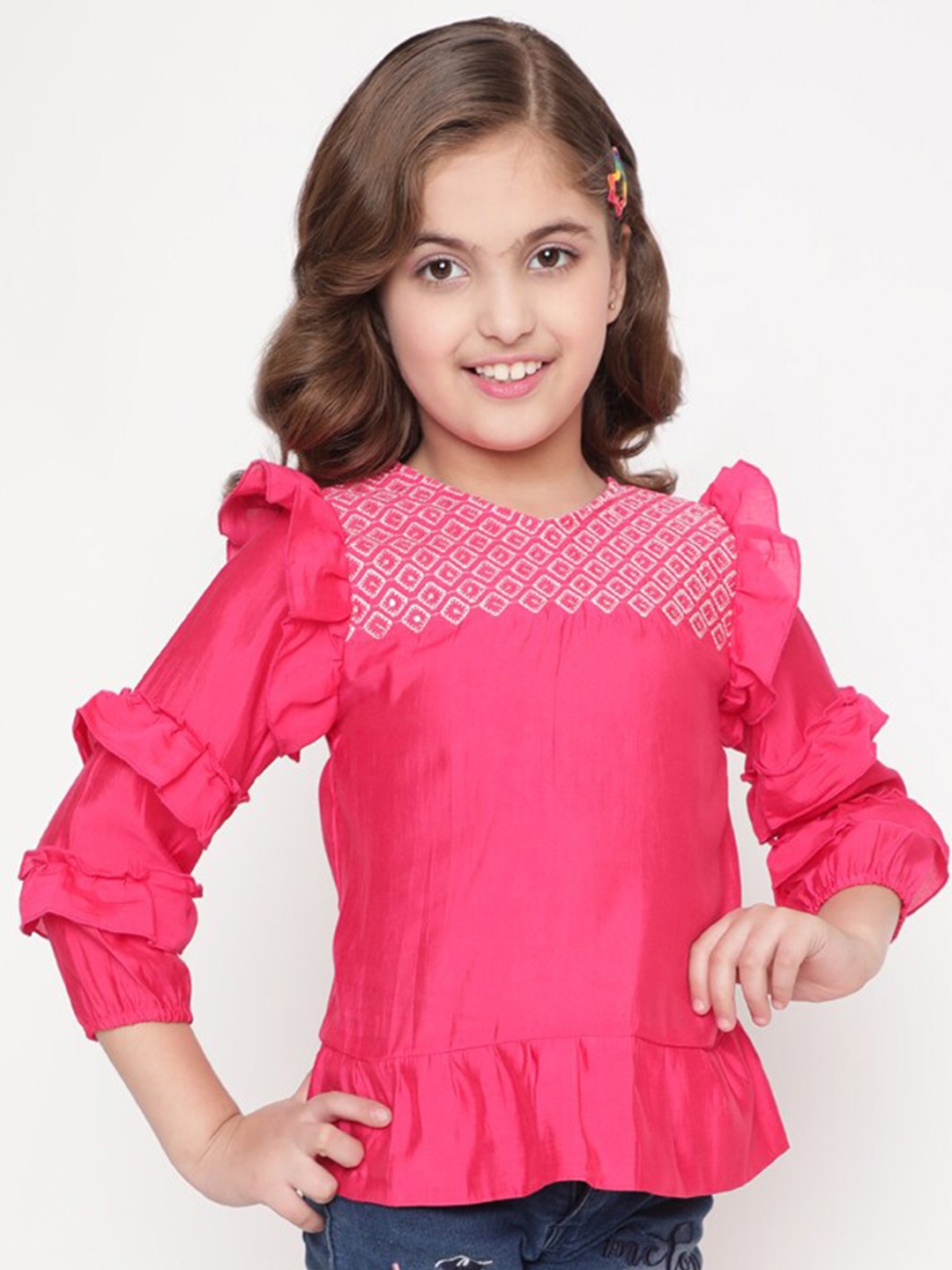 

BAESD Geometric Embroidered Puff Sleeve Georgette Top, Pink