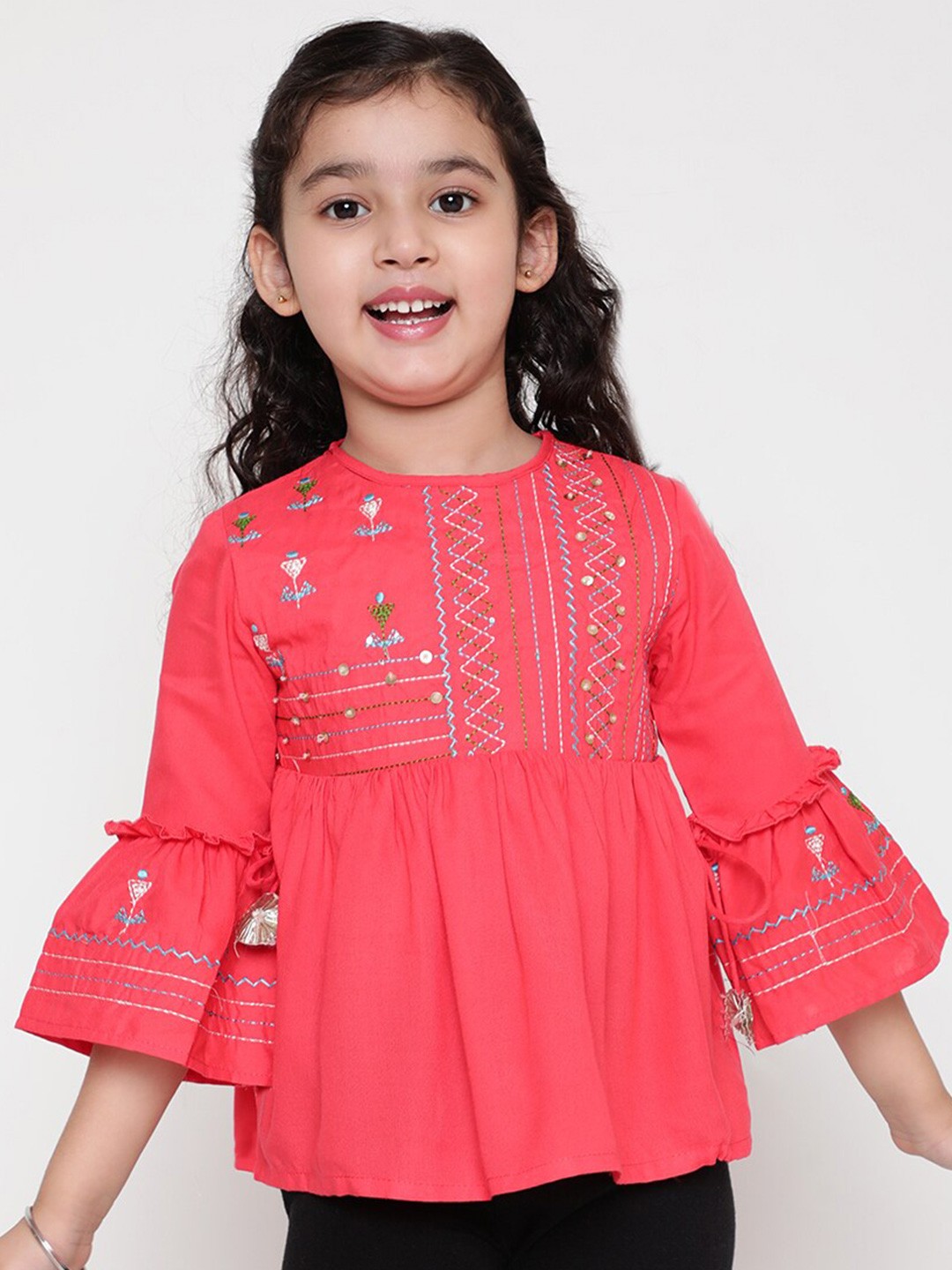 

BAESD Girls Geometric Embroidered Bell Sleeve A-Line Top, Pink