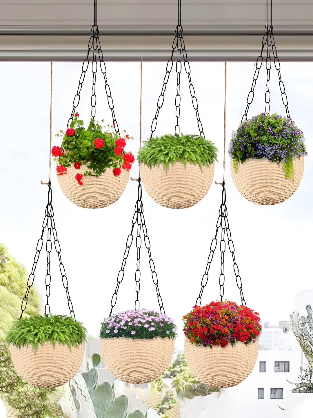 

Kuber Industries Beige 6 Pieces Textured Hanging Planters