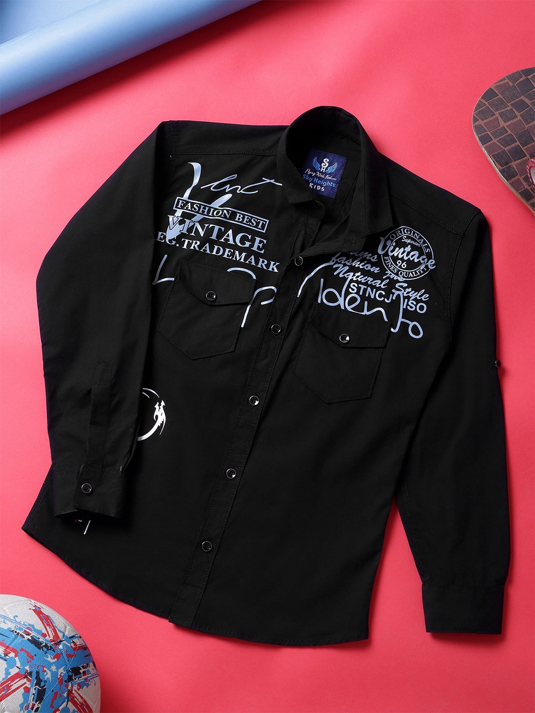 

SKY HEIGHTS Boys Typography Printed Spread Collar Cotton Casual Shirt, Black